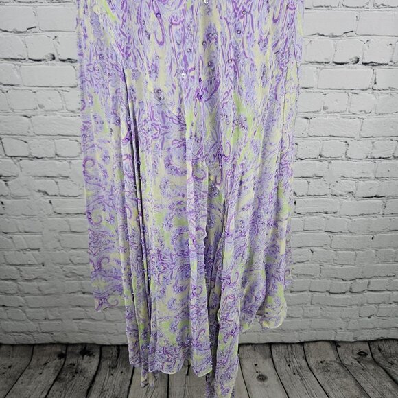 VTG I.C.E. Purple Green 100% Silk Chiffon Floral Beaded Flowy Maxi Long Skirt M - Picture 6 of 13